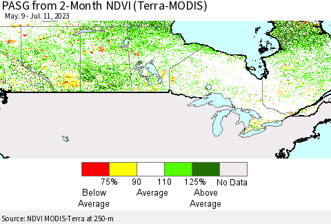 Canada PASG from 2-Month NDVI (Terra-MODIS) Thematic Map For 7/4/2023 - 7/11/2023