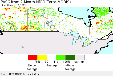 Canada PASG from 2-Month NDVI (Terra-MODIS) Thematic Map For 8/5/2023 - 8/12/2023
