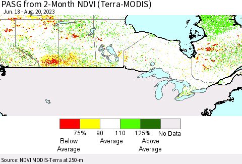 Canada PASG from 2-Month NDVI (Terra-MODIS) Thematic Map For 8/13/2023 - 8/20/2023