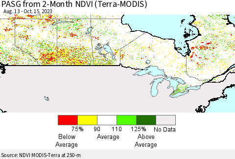 Canada PASG from 2-Month NDVI (Terra-MODIS) Thematic Map For 10/8/2023 - 10/15/2023