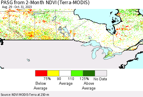 Canada PASG from 2-Month NDVI (Terra-MODIS) Thematic Map For 10/24/2023 - 10/31/2023