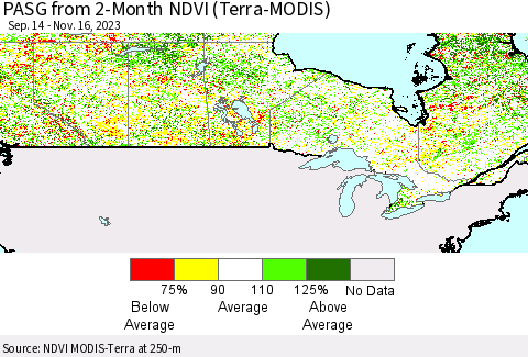 Canada PASG from 2-Month NDVI (Terra-MODIS) Thematic Map For 11/9/2023 - 11/16/2023
