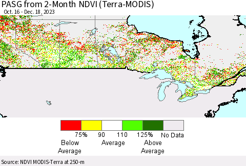 Canada PASG from 2-Month NDVI (Terra-MODIS) Thematic Map For 12/11/2023 - 12/18/2023
