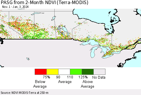Canada PASG from 2-Month NDVI (Terra-MODIS) Thematic Map For 12/27/2023 - 1/3/2024