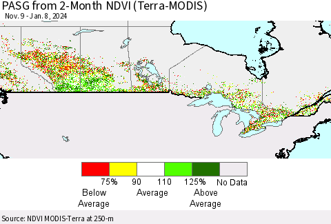 Canada PASG from 2-Month NDVI (Terra-MODIS) Thematic Map For 1/1/2024 - 1/8/2024