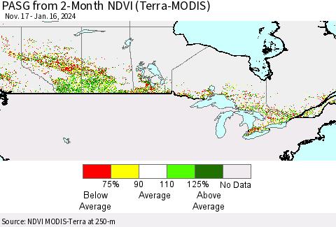 Canada PASG from 2-Month NDVI (Terra-MODIS) Thematic Map For 1/9/2024 - 1/16/2024