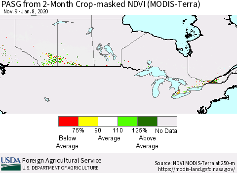 Canada PASG from 2-Month Cropland NDVI (Terra-MODIS) Thematic Map For 1/1/2020 - 1/10/2020