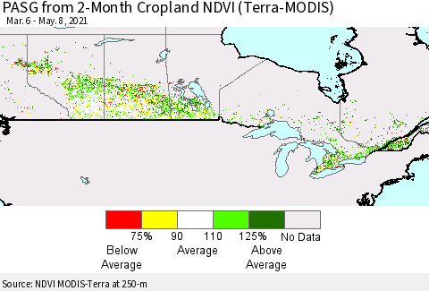 Canada PASG from 2-Month Cropland NDVI (Terra-MODIS) Thematic Map For 5/1/2021 - 5/8/2021