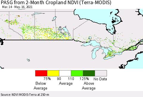 Canada PASG from 2-Month Cropland NDVI (Terra-MODIS) Thematic Map For 5/9/2021 - 5/16/2021
