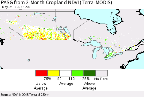 Canada PASG from 2-Month Cropland NDVI (Terra-MODIS) Thematic Map For 7/20/2021 - 7/27/2021