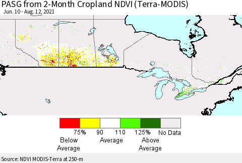 Canada PASG from 2-Month Cropland NDVI (Terra-MODIS) Thematic Map For 8/5/2021 - 8/12/2021