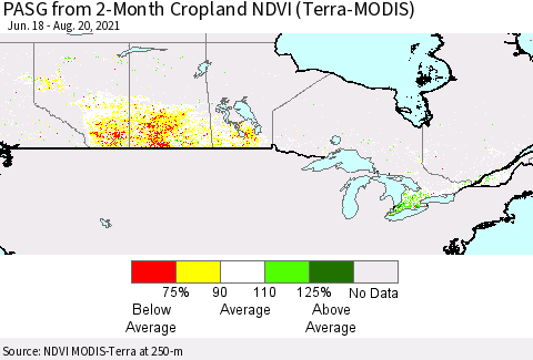 Canada PASG from 2-Month Cropland NDVI (Terra-MODIS) Thematic Map For 8/13/2021 - 8/20/2021