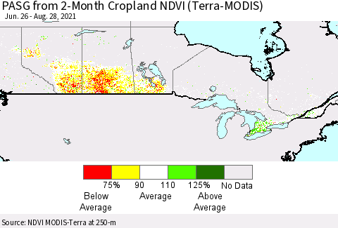Canada PASG from 2-Month Cropland NDVI (Terra-MODIS) Thematic Map For 8/21/2021 - 8/28/2021
