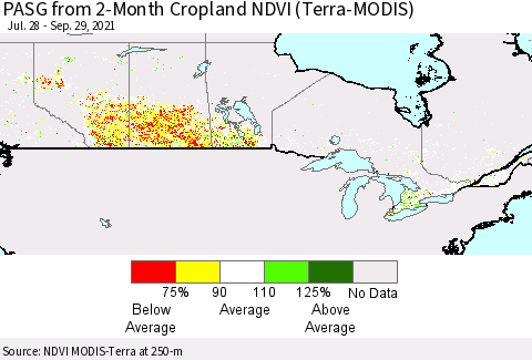 Canada PASG from 2-Month Cropland NDVI (Terra-MODIS) Thematic Map For 9/22/2021 - 9/29/2021