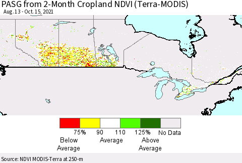 Canada PASG from 2-Month Cropland NDVI (Terra-MODIS) Thematic Map For 10/8/2021 - 10/15/2021