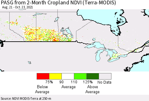 Canada PASG from 2-Month Cropland NDVI (Terra-MODIS) Thematic Map For 10/16/2021 - 10/23/2021