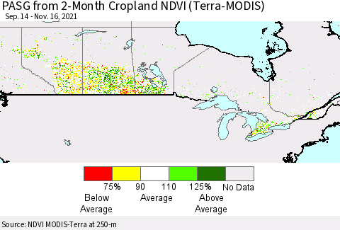 Canada PASG from 2-Month Cropland NDVI (Terra-MODIS) Thematic Map For 11/9/2021 - 11/16/2021