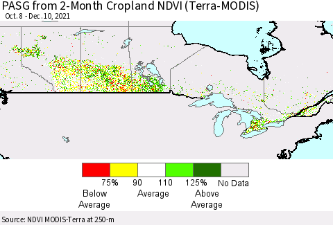Canada PASG from 2-Month Cropland NDVI (Terra-MODIS) Thematic Map For 12/3/2021 - 12/10/2021