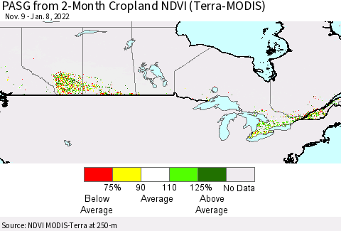Canada PASG from 2-Month Cropland NDVI (Terra-MODIS) Thematic Map For 1/1/2022 - 1/8/2022