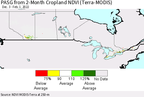 Canada PASG from 2-Month Cropland NDVI (Terra-MODIS) Thematic Map For 1/25/2022 - 2/1/2022