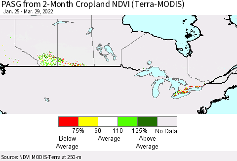 Canada PASG from 2-Month Cropland NDVI (Terra-MODIS) Thematic Map For 3/22/2022 - 3/29/2022