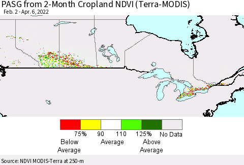 Canada PASG from 2-Month Cropland NDVI (Terra-MODIS) Thematic Map For 3/30/2022 - 4/6/2022