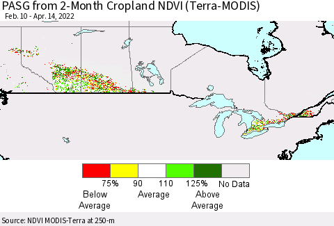 Canada PASG from 2-Month Cropland NDVI (Terra-MODIS) Thematic Map For 4/7/2022 - 4/14/2022