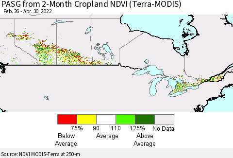 Canada PASG from 2-Month Cropland NDVI (Terra-MODIS) Thematic Map For 4/23/2022 - 4/30/2022