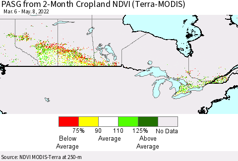 Canada PASG from 2-Month Cropland NDVI (Terra-MODIS) Thematic Map For 5/1/2022 - 5/8/2022