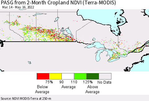 Canada PASG from 2-Month Cropland NDVI (Terra-MODIS) Thematic Map For 5/9/2022 - 5/16/2022