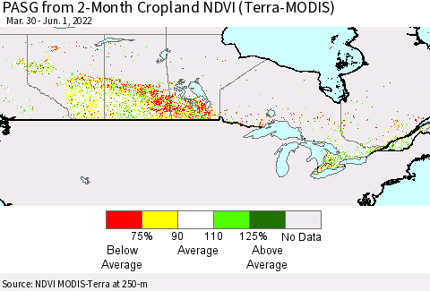 Canada PASG from 2-Month Cropland NDVI (Terra-MODIS) Thematic Map For 5/25/2022 - 6/1/2022