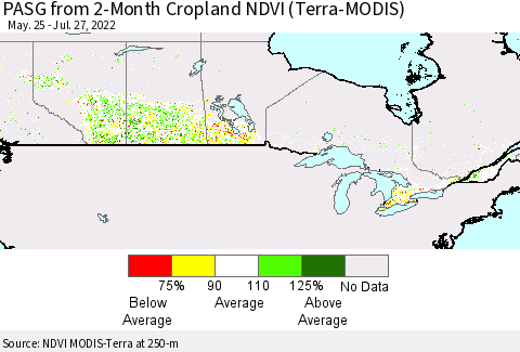 Canada PASG from 2-Month Cropland NDVI (Terra-MODIS) Thematic Map For 7/20/2022 - 7/27/2022