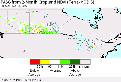 Canada PASG from 2-Month Cropland NDVI (Terra-MODIS) Thematic Map For 8/21/2022 - 8/28/2022
