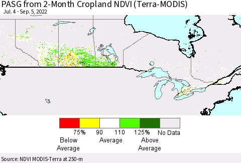 Canada PASG from 2-Month Cropland NDVI (Terra-MODIS) Thematic Map For 8/29/2022 - 9/5/2022