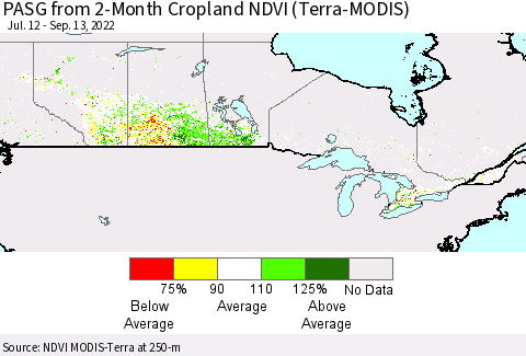 Canada PASG from 2-Month Cropland NDVI (Terra-MODIS) Thematic Map For 9/6/2022 - 9/13/2022