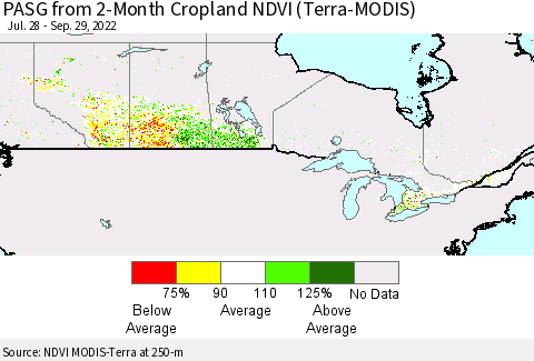 Canada PASG from 2-Month Cropland NDVI (Terra-MODIS) Thematic Map For 9/22/2022 - 9/29/2022