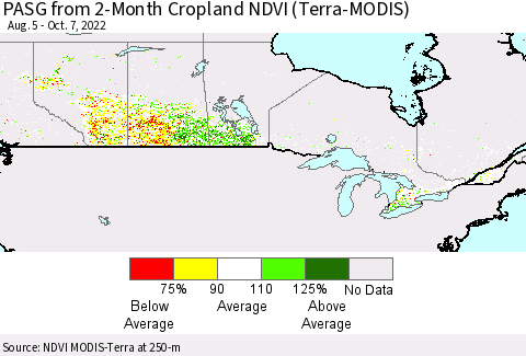 Canada PASG from 2-Month Cropland NDVI (Terra-MODIS) Thematic Map For 9/30/2022 - 10/7/2022