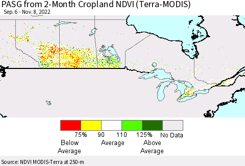 Canada PASG from 2-Month Cropland NDVI (Terra-MODIS) Thematic Map For 11/1/2022 - 11/8/2022