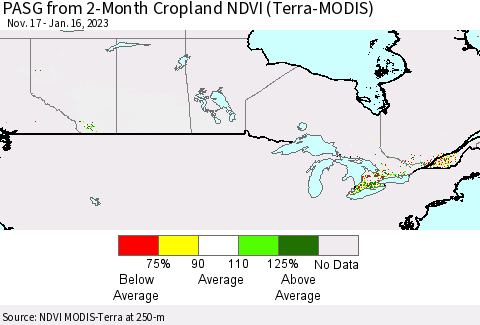 Canada PASG from 2-Month Cropland NDVI (Terra-MODIS) Thematic Map For 1/9/2023 - 1/16/2023
