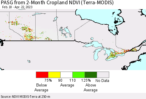Canada PASG from 2-Month Cropland NDVI (Terra-MODIS) Thematic Map For 4/15/2023 - 4/22/2023