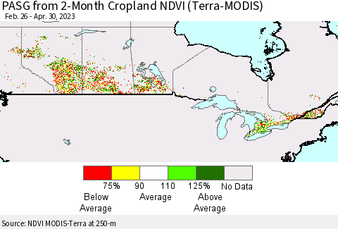 Canada PASG from 2-Month Cropland NDVI (Terra-MODIS) Thematic Map For 4/23/2023 - 4/30/2023