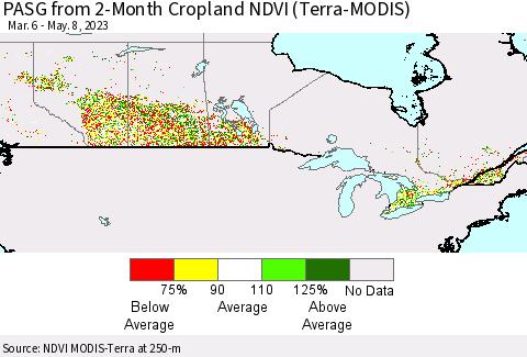 Canada PASG from 2-Month Cropland NDVI (Terra-MODIS) Thematic Map For 5/1/2023 - 5/8/2023