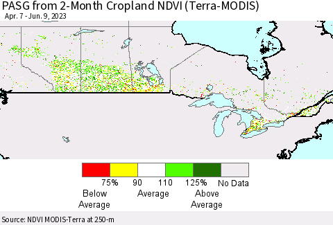 Canada PASG from 2-Month Cropland NDVI (Terra-MODIS) Thematic Map For 6/2/2023 - 6/9/2023
