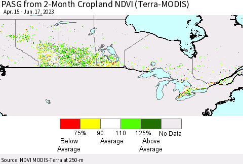 Canada PASG from 2-Month Cropland NDVI (Terra-MODIS) Thematic Map For 6/10/2023 - 6/17/2023
