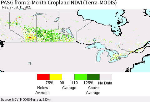 Canada PASG from 2-Month Cropland NDVI (Terra-MODIS) Thematic Map For 7/4/2023 - 7/11/2023