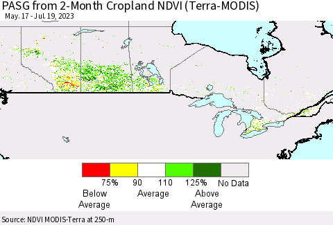 Canada PASG from 2-Month Cropland NDVI (Terra-MODIS) Thematic Map For 7/12/2023 - 7/19/2023