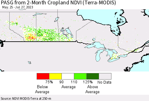 Canada PASG from 2-Month Cropland NDVI (Terra-MODIS) Thematic Map For 7/20/2023 - 7/27/2023