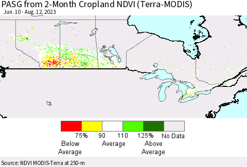 Canada PASG from 2-Month Cropland NDVI (Terra-MODIS) Thematic Map For 8/5/2023 - 8/12/2023