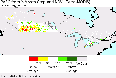 Canada PASG from 2-Month Cropland NDVI (Terra-MODIS) Thematic Map For 8/13/2023 - 8/20/2023