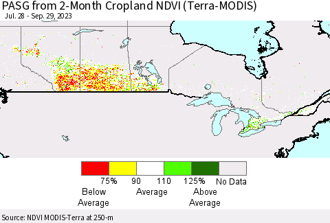 Canada PASG from 2-Month Cropland NDVI (Terra-MODIS) Thematic Map For 9/22/2023 - 9/29/2023